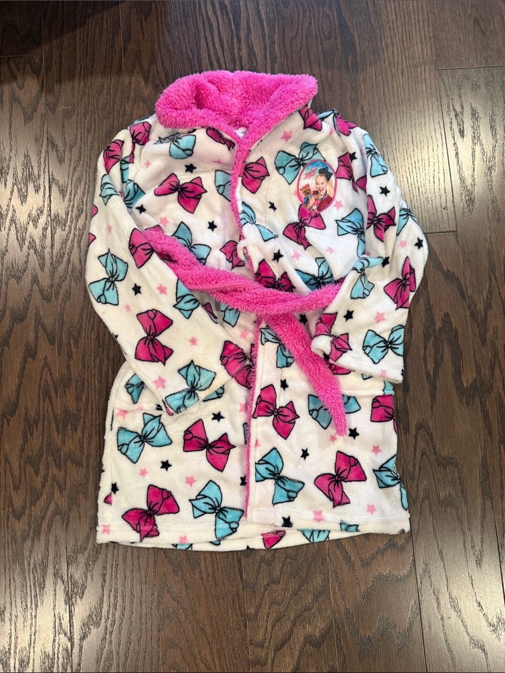 Nickelodeon Girls White Plush Robe with Pink & Blue Bows
